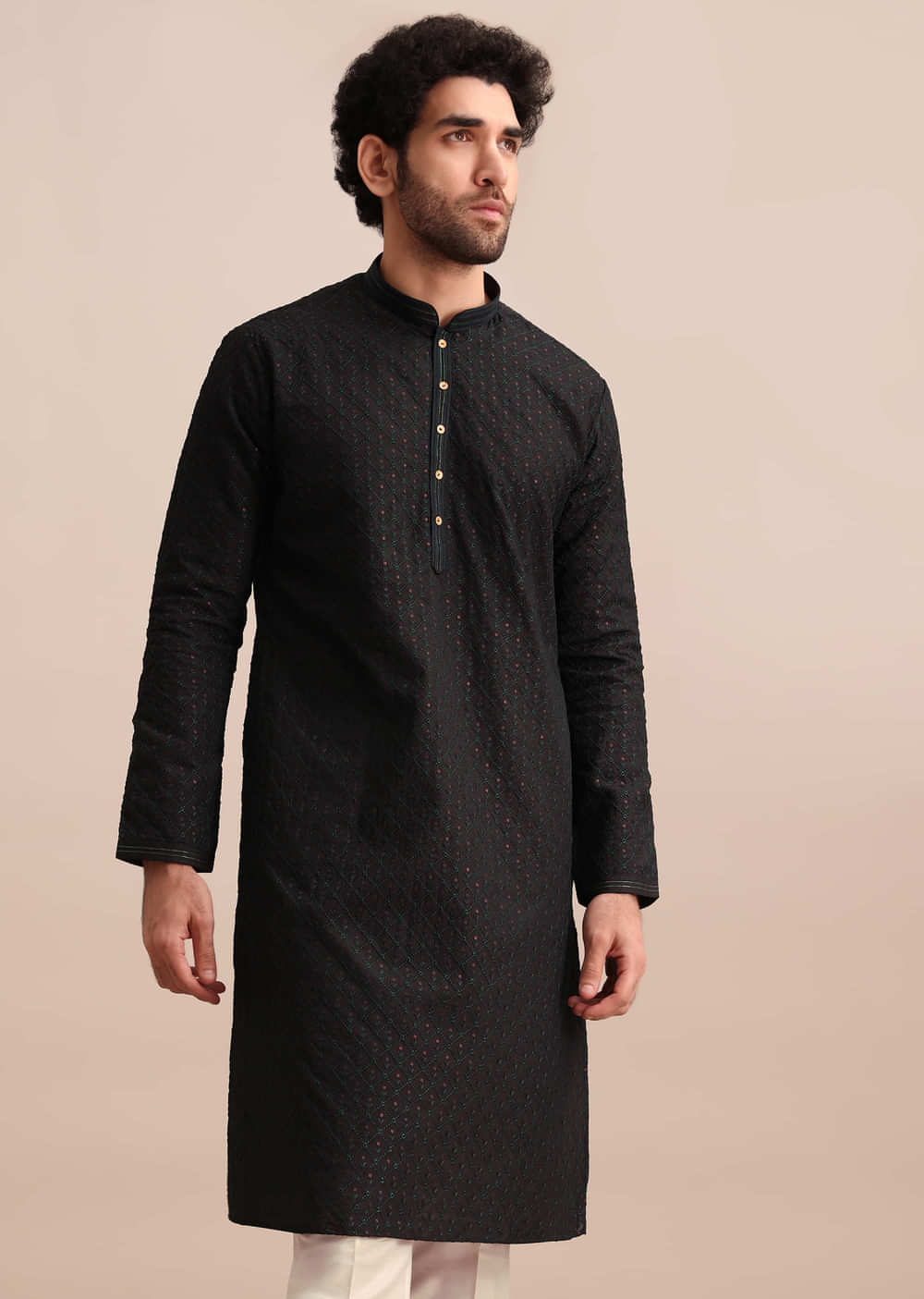 Black Silk Kurta Set With Threadwork For Men