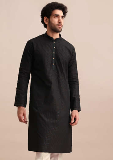 Black Silk Kurta Set With Threadwork For Men