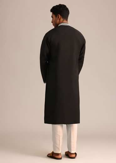 Black Silk Mandarin Collar Kurta Set With Embroidered Yoke