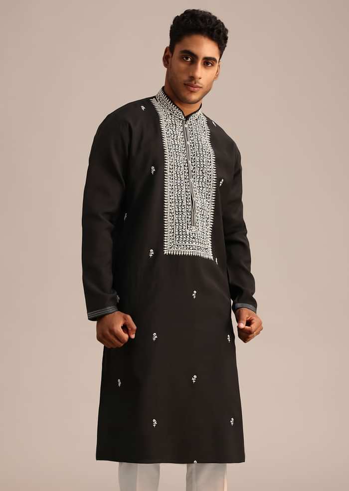 Black Silk Mandarin Collar Kurta Set With Embroidered Yoke