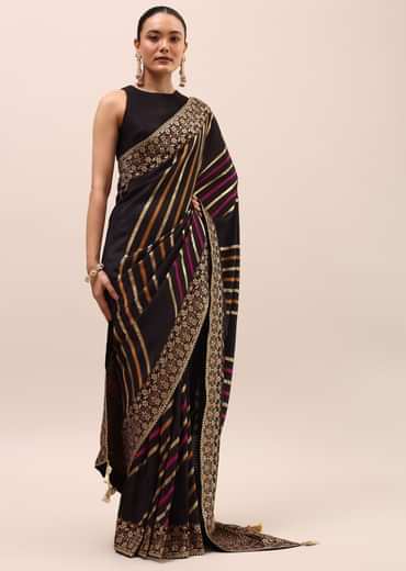 Black Silk Saree In Butta Work With Unstitched Blouse