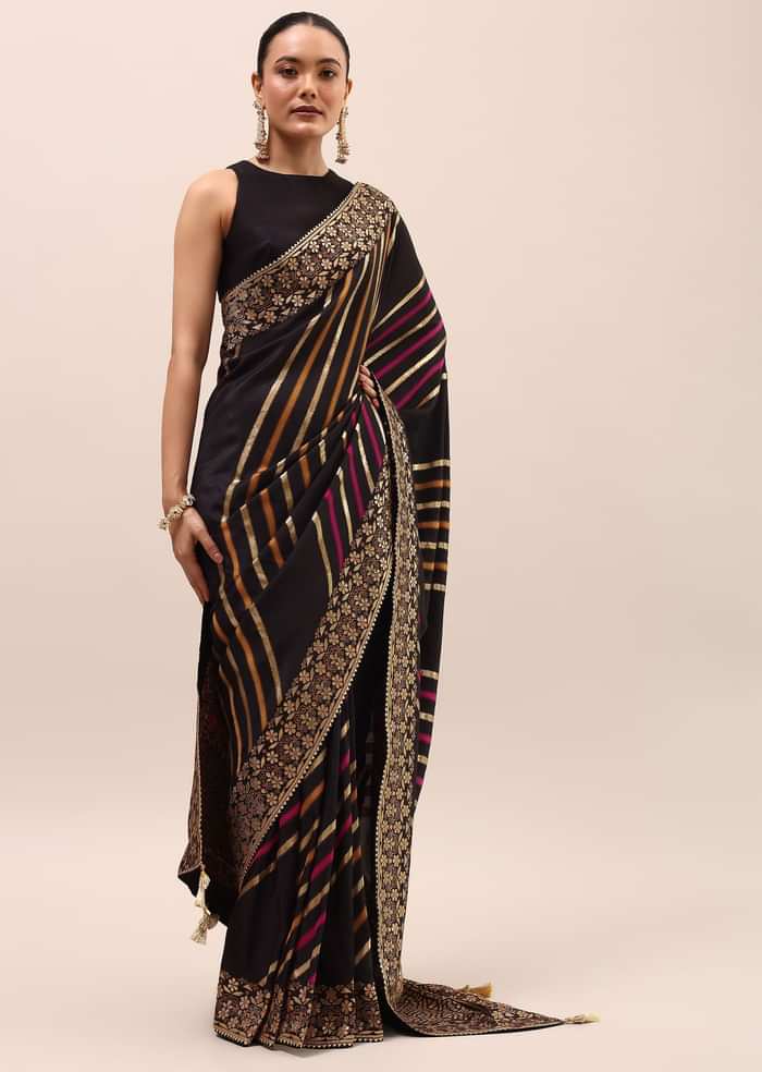 Black Silk Saree In Butta Work With Unstitched Blouse