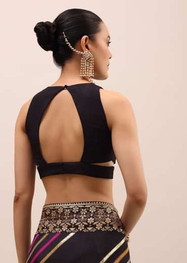 Black Silk Saree In Butta Work With Unstitched Blouse