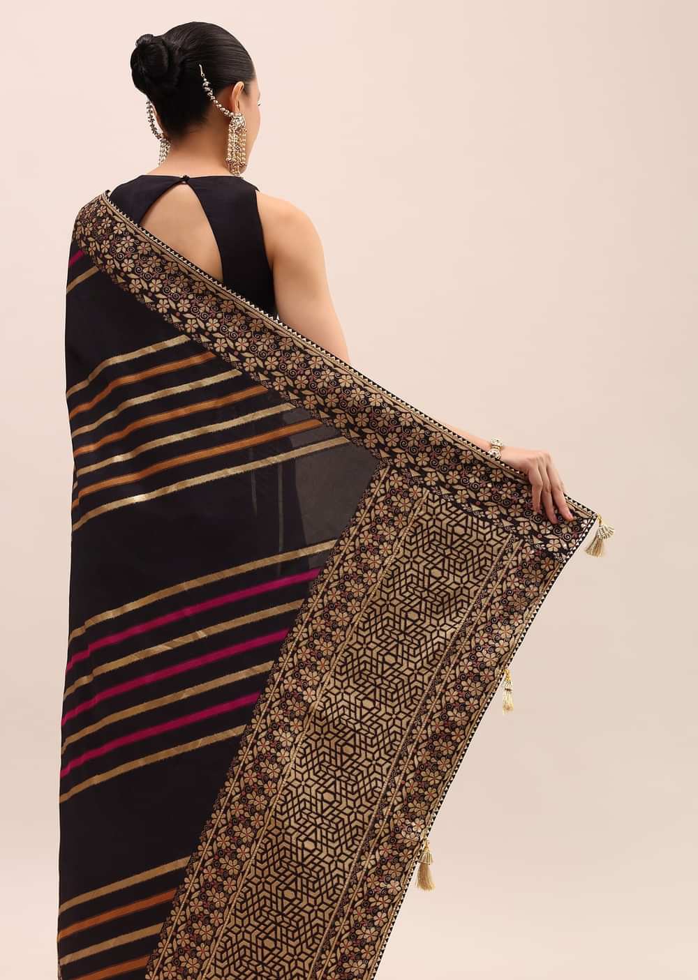 Black Silk Saree In Butta Work With Unstitched Blouse