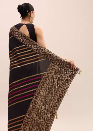 Black Silk Saree In Butta Work With Unstitched Blouse