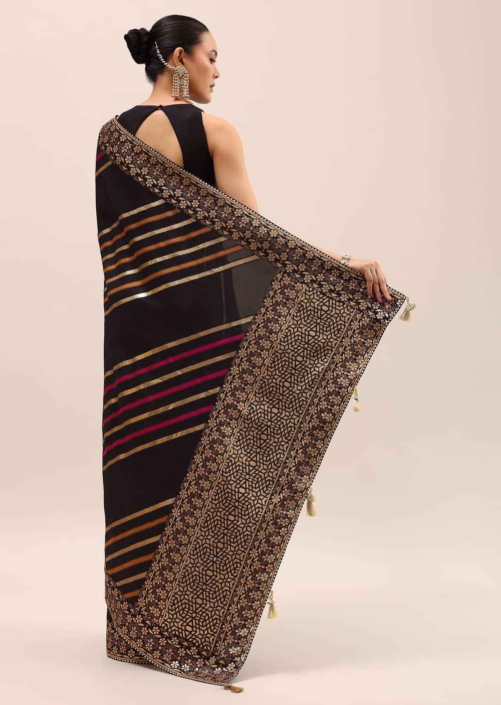 Black Silk Saree In Butta Work With Unstitched Blouse