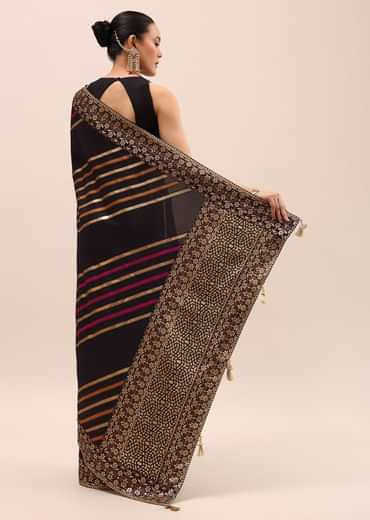 Black Silk Saree In Butta Work With Unstitched Blouse