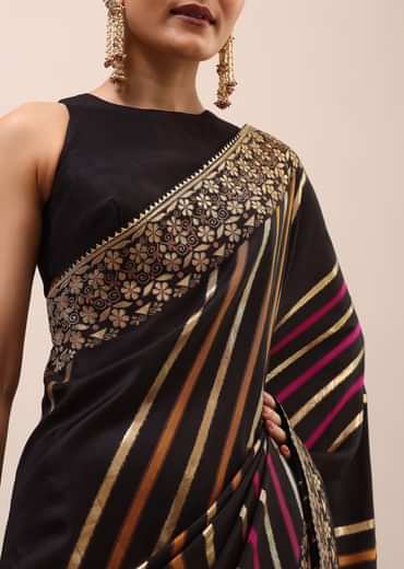 Black Silk Saree In Butta Work With Unstitched Blouse