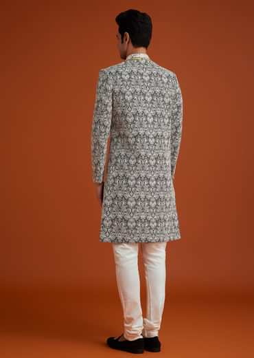 Black Silk Sherwani Set With Bead Work And Embroidery