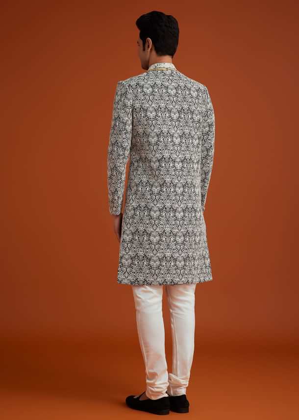 Black Silk Sherwani Set With Bead Work And Embroidery Black Silk Sherwani Set With Bead Work And Embroidery