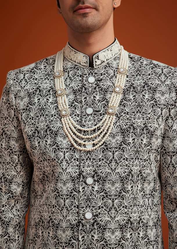 Black Silk Sherwani Set With Bead Work And Embroidery Black Silk Sherwani Set With Bead Work And Embroidery