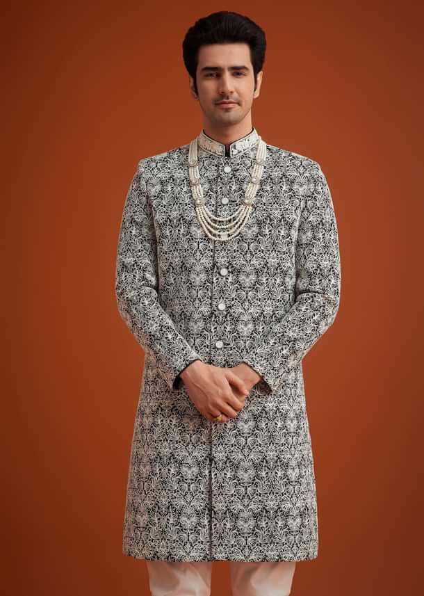 Black Silk Sherwani Set With Bead Work And Embroidery Black Silk Sherwani Set With Bead Work And Embroidery