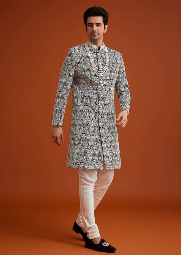Black Silk Sherwani Set With Bead Work And Embroidery Black Silk Sherwani Set With Bead Work And Embroidery