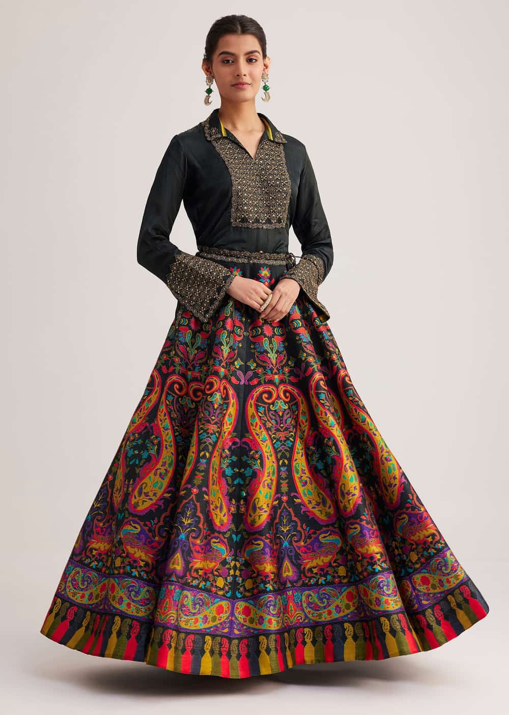 Black Silk Shirt And Skirt Set With Zari And Bead Embellishments