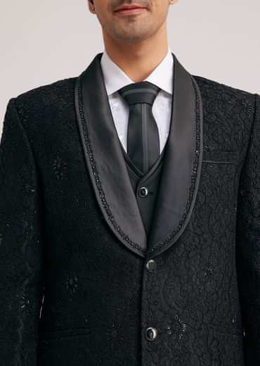 Black Silk Tuxedo With Stone Work And Net Detailing