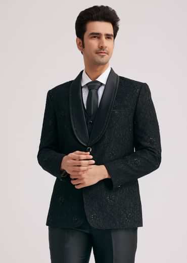 Black Silk Tuxedo With Stone Work And Net Detailing