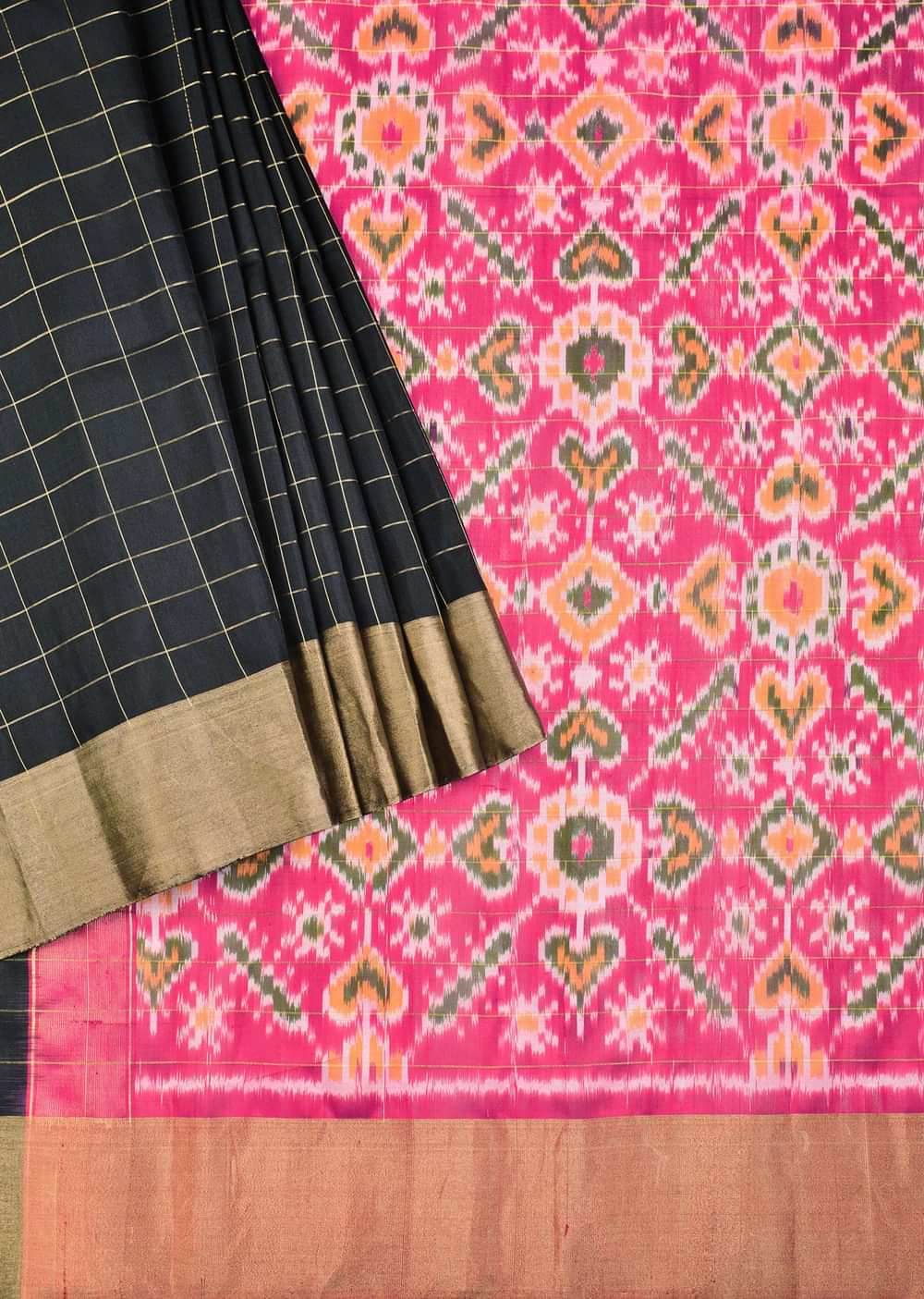 Black South Silk Saree With Patola Ikat Pallu And Unstitched Blouse Piece