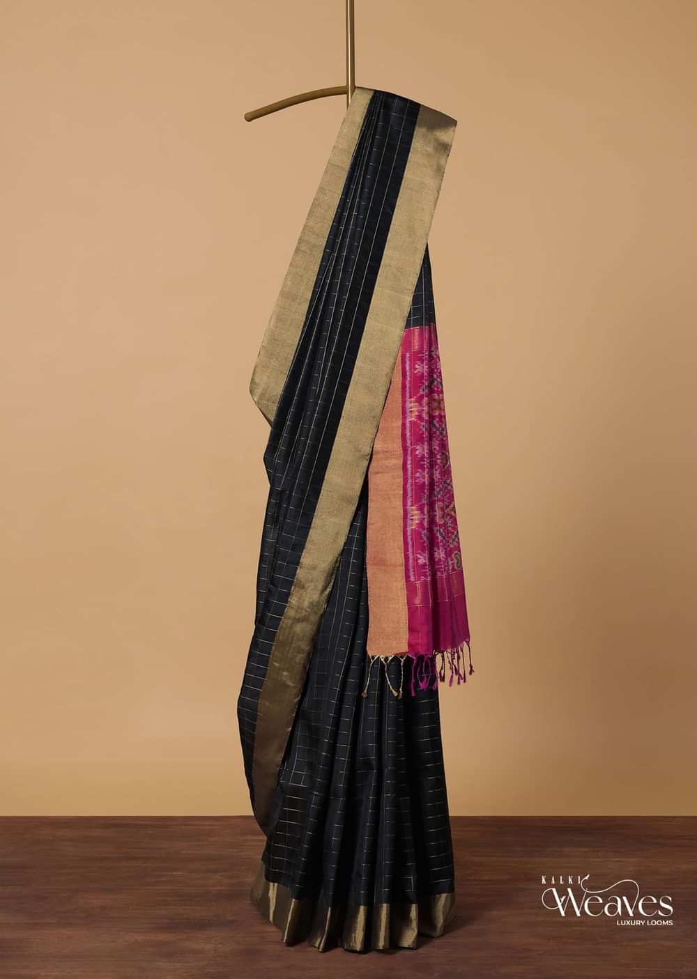 Black South Silk Saree With Patola Ikat Pallu And Unstitched Blouse Piece
