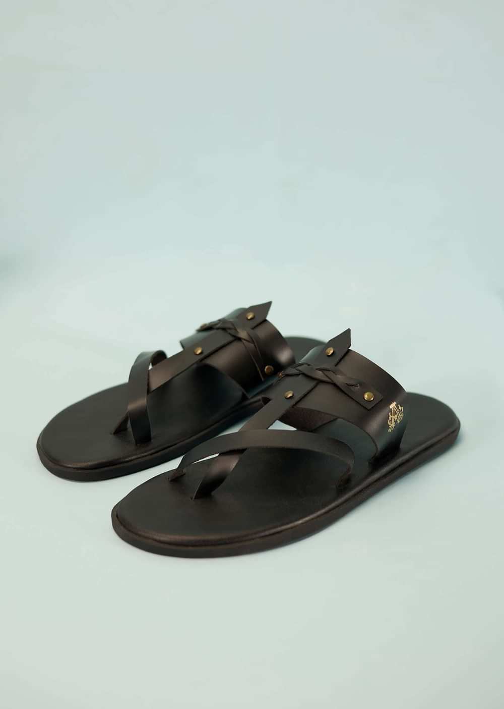 Black Strappy Slides For Men In Leather With Buttons