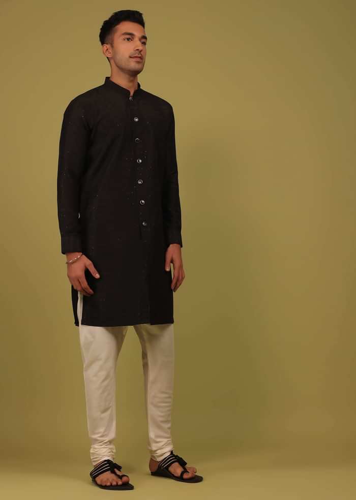 Black Striped Art Silk Kurta