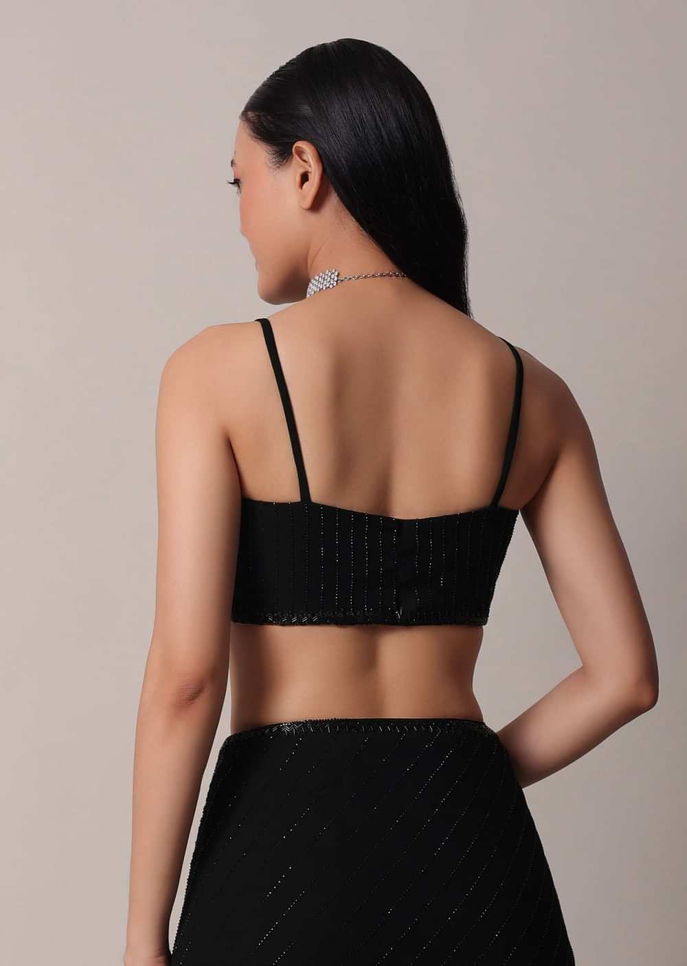 Black Striped Saree With Swarovski Embellishments And Unstitched Blouse Piece