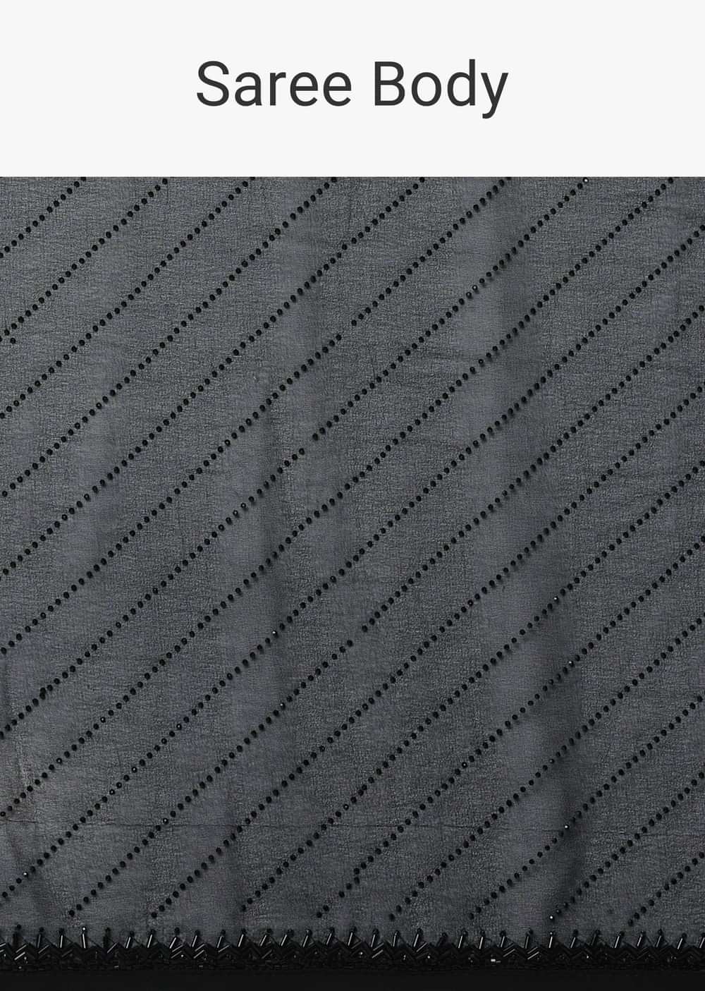 Black Striped Saree With Swarovski Embellishments And Unstitched Blouse Piece