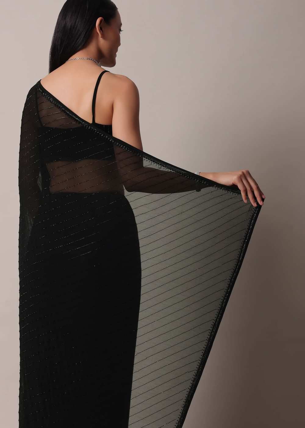 Black Striped Saree With Swarovski Embellishments And Unstitched Blouse Piece
