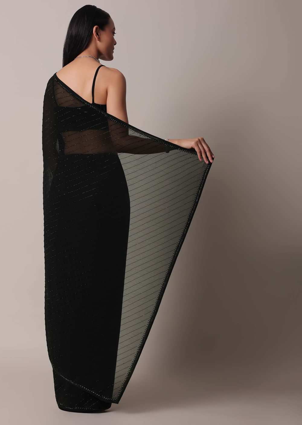 Black Striped Saree With Swarovski Embellishments And Unstitched Blouse Piece
