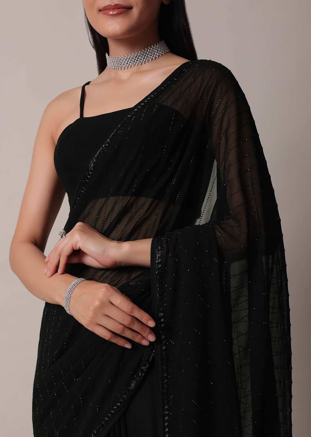 Black Striped Saree With Swarovski Embellishments And Unstitched Blouse Piece