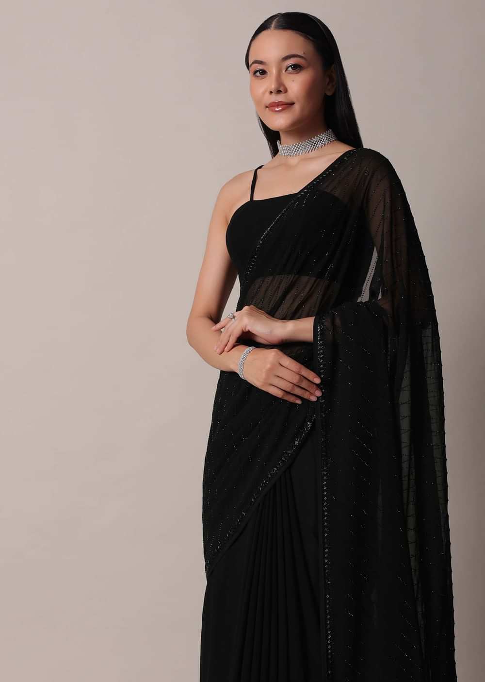 Black Striped Saree With Swarovski Embellishments And Unstitched Blouse Piece