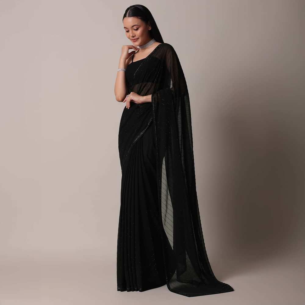 Black Striped Saree With Swarovski Embellishments And Unstitched Blouse Piece