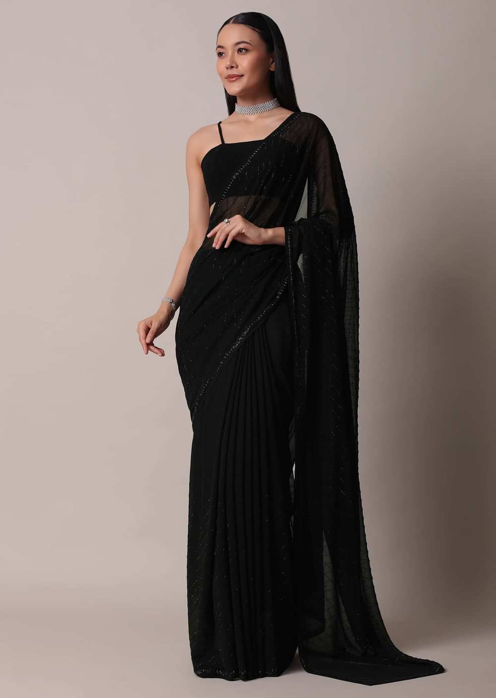 Black Striped Saree With Swarovski Embellishments And Unstitched Blouse Piece