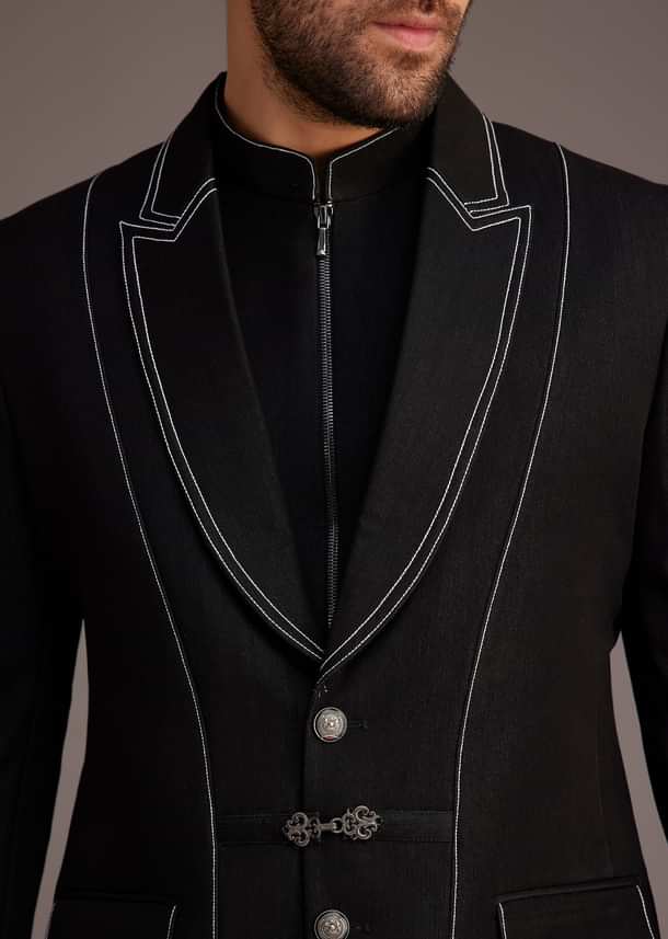 Black Suit With White Piping And Chain Detail