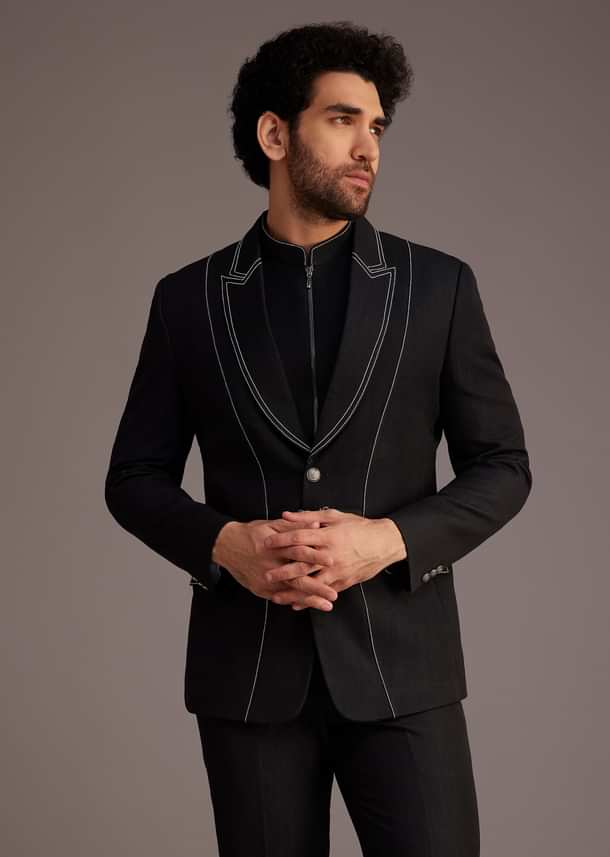 Black Suit With White Piping And Chain Detail
