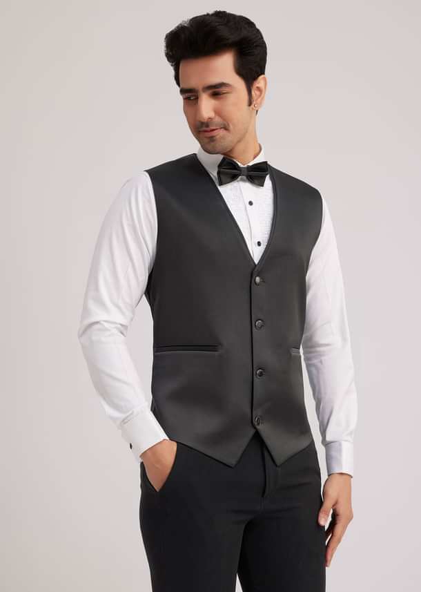 Black Suiting Tuxedo With Metallic Chain And Stone Work