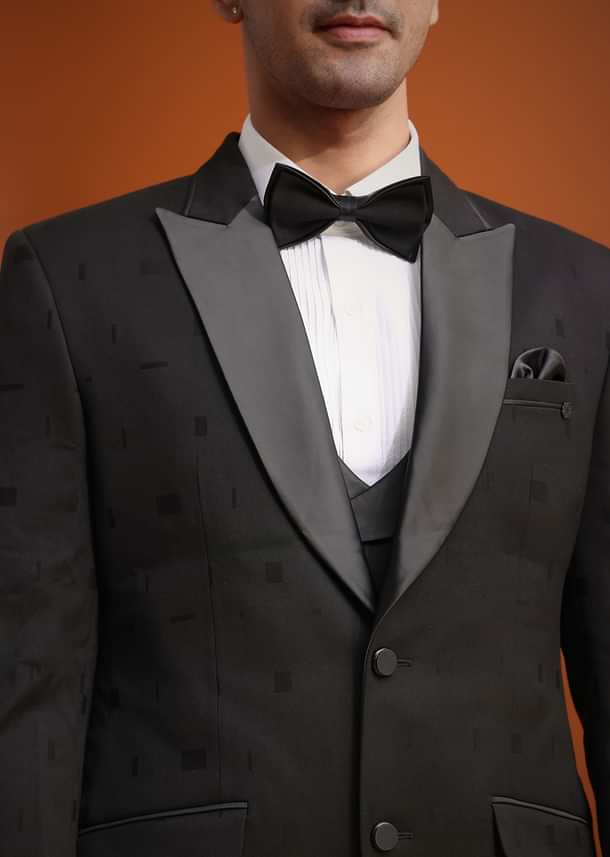 Black Terry Rayon Tuxedo, Waistcoat And Pant Set