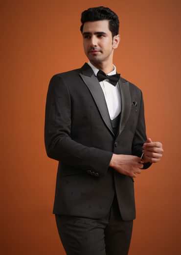 Black Terry Rayon Tuxedo, Waistcoat And Pant Set