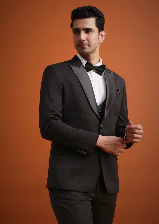 Black Terry Rayon Tuxedo, Waistcoat And Pant Set