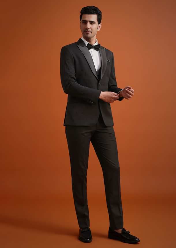 Black Terry Rayon Tuxedo, Waistcoat And Pant Set