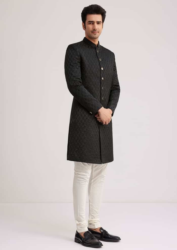 Black Textured Sherwani With Classic Button Detailing