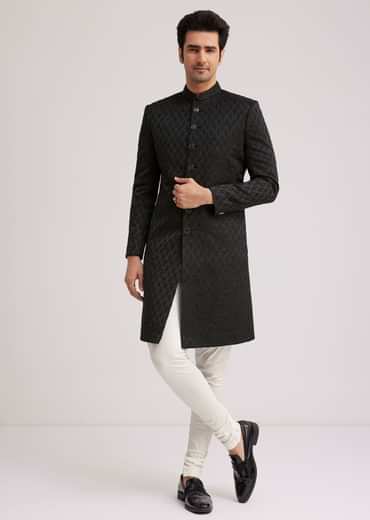 Black Textured Sherwani With Classic Button Detailing