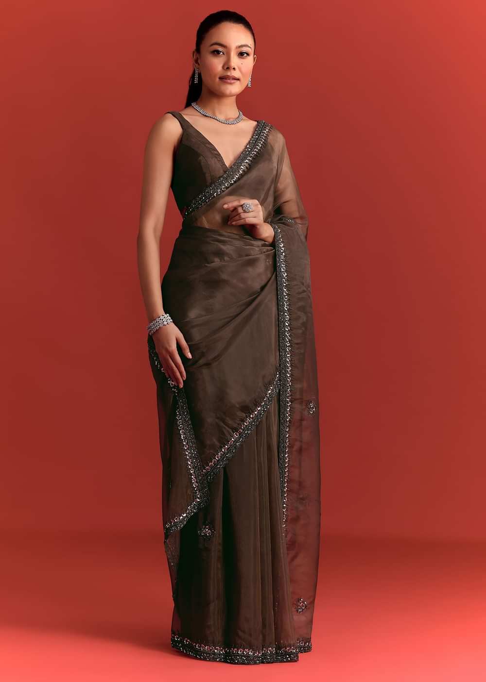 Brown Tissue Saree With Cutdana And Sequin Work