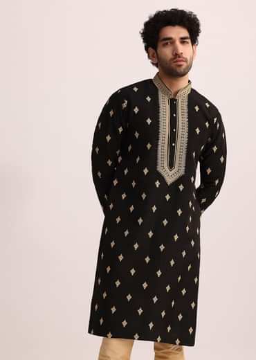 Black Tussar Silk Kurta Set With Thread Work
