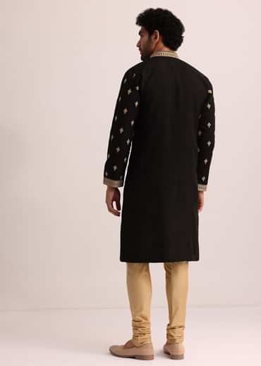 Black Tussar Silk Kurta Set With Thread Work