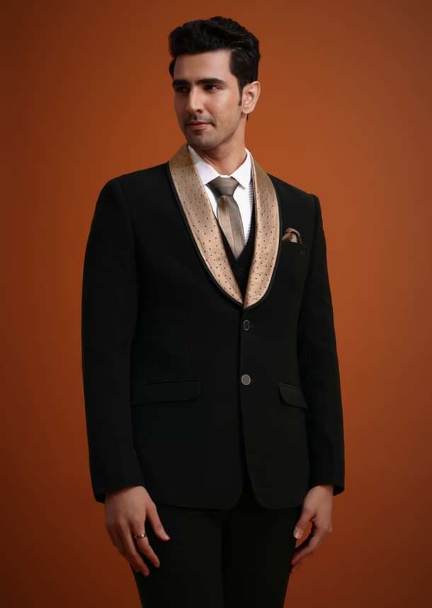 Black Tuxedo And Pant Set With Stone Work
