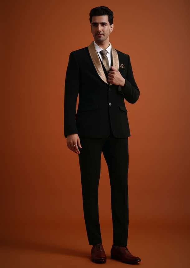 Black Tuxedo And Pant Set With Stone Work