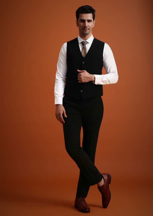 Black Tuxedo And Pant Set With Stone Work