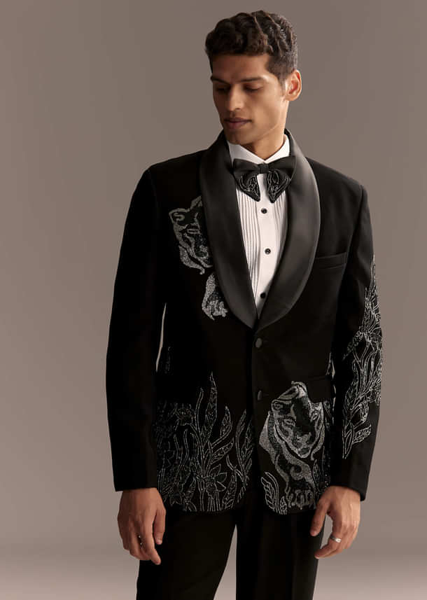 Black Tuxedo For Men With Cut Dana And Beads Embroidery Black Tuxedo For Men With Cut Dana And Beads Embroidery