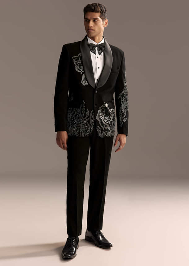Black Tuxedo For Men With Cut Dana And Beads Embroidery Black Tuxedo For Men With Cut Dana And Beads Embroidery