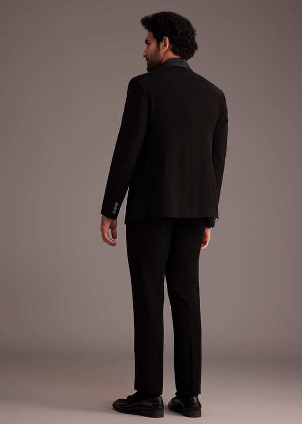 Black Tuxedo With Beaded Embellishments And Satin Lapel